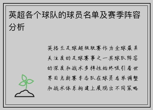 英超各个球队的球员名单及赛季阵容分析