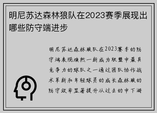 明尼苏达森林狼队在2023赛季展现出哪些防守端进步
